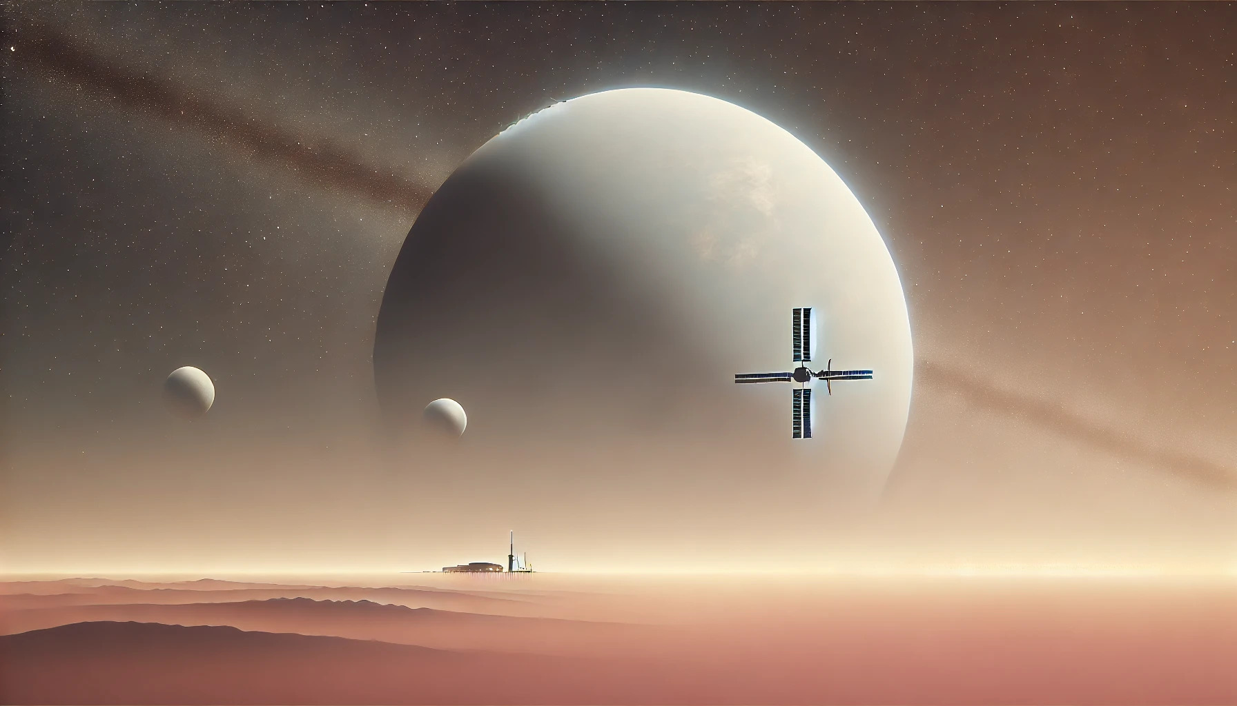 DALL·E 2024 07 14 23.36.28   A minimalist sci fi scene showing a peaceful space station orbiting a distant, serene planet. The space station has a soft glow, and the background in